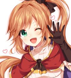 Rule 34 | 1girl, ;d, black gloves, black ribbon, blush, brown hair, capelet, clarisse (granblue fantasy), drop shadow, elbow gloves, gloves, granblue fantasy, green eyes, hair intakes, hair ribbon, hand up, heart, long hair, looking at viewer, nameneko (124), one eye closed, open mouth, orange hair, red capelet, ribbed sweater, ribbon, side ponytail, sidelocks, smile, solo, sweater, upper body, white background, white sweater