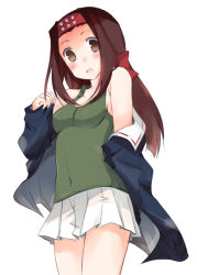 Rule 34 | 10s, 1girl, abenattou, bad id, bad pixiv id, blue jacket, breasts, brown eyes, brown hair, cowboy shot, girls und panzer, green shirt, hairband, jacket, long hair, long sleeves, looking at viewer, military, military uniform, miniskirt, off shoulder, ooarai military uniform, open clothes, open jacket, parted lips, pleated skirt, red hairband, saemonza (girls und panzer), shirt, simple background, skirt, small breasts, solo, standing, tank top, undressing, uniform, unusually open eyes, white background, white skirt