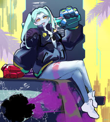 Rule 34 | 1girl, :p, absurdres, artificial eye, black bra, blue jacket, bra, breasts, broken glass, colored sclera, colored skin, commentary request, crossed legs, cyberpunk (series), cyberpunk edgerunners, fewer digits, glass, green hair, highres, hinokey (hinokey0126), holding, holding weapon, jacket, leg tattoo, looking at viewer, mechanical eye, mechanical hands, outdoors, over shoulder, oversized forearms, oversized limbs, partially unzipped, petite, rebecca (cyberpunk), red pupils, red sclera, samurai jacket (cyberpunk), shoes, sitting on car, small breasts, solo, tattoo, tongue, tongue out, twintails, underwear, weapon, weapon over shoulder, white footwear, white skin, yellow eyes