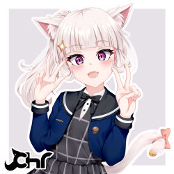 Rule 34 | 1girl, :d, animal ear fluff, animal ears, bell, black bow, black dress, blue jacket, blush, bow, cat ears, cat girl, cat tail, chrisandita, collared dress, commentary, commission, cropped jacket, double v, dress, english commentary, fang, grey background, grey hair, hair ornament, hands up, jacket, jingle bell, long hair, long sleeves, looking at viewer, open clothes, open jacket, open mouth, original, pink bow, ponytail, purple eyes, smile, solo, tail, tail bell, tail bow, tail ornament, tail raised, two-tone background, upper body, v, white background