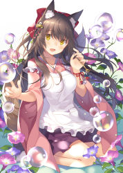 Rule 34 | 1girl, animal ears, apron, blush, brown hair, bubble, bubble pipe, flower, fox ears, fox tail, hair ornament, japanese clothes, kanzashi, kimono, long hair, looking at viewer, morning glory, original, rie (reverie), seiza, sitting, soap bubbles, solo, tail, wariza, yellow eyes