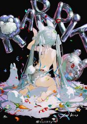 Rule 34 | 1girl, animal ears, back, bow, carrot, fake animal ears, green hair, hair bow, hatsune miku, highres, rabbit, rabbit ears, rabbit tail, ribbon, sitting, solo, tail, twintails, vocaloid, weibo 3856109551, white ribbon