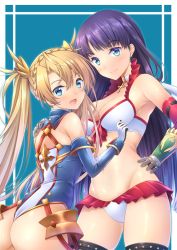 Rule 34 | 10t, 2girls, armor, ass, back, bare shoulders, bikini, blonde hair, blue background, blue eyes, blue gloves, blue leotard, blush, bradamante (fate), bradamante (first ascension) (fate), braid, breasts, choker, cleavage, closed mouth, cross, cross choker, crown braid, earrings, elbow gloves, fate/grand order, fate (series), faulds, gauntlets, gloves, hair between eyes, hair ornament, hand on own hip, highleg, highleg leotard, jewelry, large breasts, leotard, long hair, looking at viewer, looking back, martha (fate), martha (swimsuit ruler) (fate), martha (swimsuit ruler) (third ascension) (fate), multiple girls, navel, open mouth, purple hair, red bikini, red gloves, simple background, smile, straight hair, swimsuit, thigh strap, thighs, twintails, two-tone bikini, two-tone leotard, very long hair, white bikini, white leotard