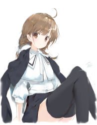 Rule 34 | 1girl, adapted costume, ahoge, arms at sides, artist name, assault lily, bad id, bad pixiv id, black skirt, black thighhighs, braid, brown eyes, brown hair, closed mouth, commentary request, cropped jacket, cropped legs, feet out of frame, flower, hair flower, hair ornament, jacket, jacket on shoulders, juliet sleeves, knees together feet apart, knees up, long sleeves, looking at viewer, low twin braids, low twintails, medium hair, miniskirt, neck ribbon, open clothes, puffy sleeves, ribbon, rokkaku shiori, school uniform, shirt, signature, simple background, sitting, sketch, skirt, solo, thighhighs, twin braids, twintails, white background, white flower, white ribbon, white shirt, white skirt, yaegashi nan, yurigaoka girls academy school uniform
