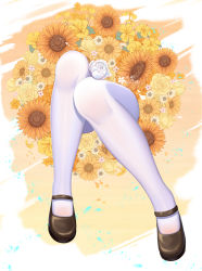 Rule 34 | 1girl, black footwear, brown flower, commentary request, fengli (709622571), flower, highres, legs, original, pantyhose, pixiv id, rose, shoes, solo, sunflower, thighs, watermark, white flower, white pantyhose, white rose, yellow flower