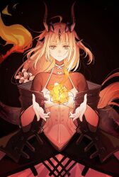 Rule 34 | 1girl, ahoge, arknights, black background, black jacket, black shirt, blonde hair, cowboy shot, dragon girl, dragon horns, dragon tail, dress, flame-tipped tail, flower, green eyes, hands up, highres, horns, jacket, long hair, looking at viewer, reed (arknights), reed the flame shadow (arknights), shirt, simple background, solo, tail, wangchuan, white dress, yellow flower