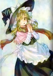 Rule 34 | 1girl, absurdres, ama-tou, apron, blonde hair, bow, braid, breath, capelet, frills, hair bow, hair ornament, hat, hat ribbon, highres, kirisame marisa, long hair, long sleeves, looking at viewer, open mouth, own hands together, perfect cherry blossom, ribbon, scan, scarf, shirt, side braid, simple background, single braid, skirt, skirt set, solo, touhou, vest, white shirt, witch hat, yellow eyes
