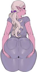 Rule 34 | 1girl, alternate costume, alternate hairstyle, ass, ass grab, ass support, dark-skinned female, dark elf, dark skin, denim, elf, elf-san wa yaserarenai., eyebrows, grabbing own ass, grey shirt, highres, huge ass, jeans, kuroeda (elf-san wa yaserarenai.), long hair, looking back, mole, mole under eye, pants, pocket, pointy ears, shade, shirt, silver hair, sketch, solo, synecdoche, thick thighs, thighs, tongue, tongue out, twintails, white background