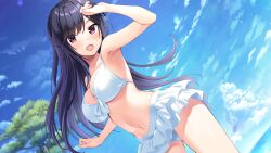 Rule 34 | 1girl, akebi saki, amaemi-longing for you-, arm up, armpits, bikini, black hair, blush, breasts, cleavage, cloud, day, feet out of frame, female focus, floating hair, frilled bikini, frills, game cg, groin, happy, highres, large breasts, legs, long hair, looking at viewer, navel, ocean, open mouth, original, oryo (oryo04), outdoors, pink eyes, sky, smile, solo, standing, swimsuit, thighs, tree, water