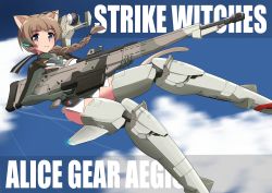 Rule 34 | 1girl, absurdres, ahoge, alice gear aegis, text background, blue eyes, blue sky, bodysuit, braid, braided ponytail, brown hair, cloud, commentary request, copyright name, cosplay, english text, flying, grey bodysuit, gun, hair tie, headset, highres, holding, holding gun, holding weapon, huge weapon, long hair, looking at viewer, lynette bishop, mecha musume, parted lips, single braid, sky, smile, solo, strike witches, tricky 46, trigger discipline, weapon, world witches series
