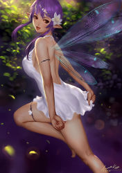 Rule 34 | 1girl, ariverkao, armlet, back, backless dress, backless outfit, barefoot, breasts, brown eyes, dated, dress, fairy wings, flower, hair flower, hair ornament, kneepits, large breasts, looking at viewer, looking back, open mouth, original, pointy ears, purple hair, short hair with long locks, signature, solo, thighlet, white dress, wings