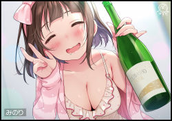 Rule 34 | 1girl, alcohol, babydoll, black border, blunt bangs, blush, border, bottle, bow, breasts, brown hair, character name, cleavage, closed eyes, collarbone, commentary request, drooling, drunk, fang, hair bow, headband, holding, holding bottle, long sleeves, mouth drool, nail polish, off shoulder, open mouth, original, pink bow, pinky out, short hair, solo, tsukana (saba mizore), upper body, v, video call, wine bottle