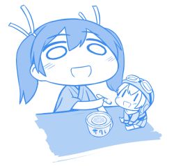 Rule 34 | 10s, 2girls, blue theme, chibi, fairy (kancolle), feeding, food, hair between eyes, ice cream, kantai collection, monochrome, multiple girls, shishigami (sunagimo), simple background, souryuu (kancolle), twintails, type 99 dive bomber