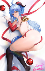 Rule 34 | 1girl, absurdres, ahoge, all fours, ass, bed sheet, bell, black pantyhose, blue hair, breasts, christmas, christmas ornaments, clothes pull, curled horns, detached sleeves, feet out of frame, ganyu (genshin impact), genshin impact, goat horns, highres, horns, jingle bell, large breasts, long hair, looking at viewer, merry christmas, nevin (flyskying), open mouth, panties, pantyhose, pantyhose pull, purple eyes, red panties, red ribbon, ribbon, side-tie panties, sideways, solo, topless, underwear, very long hair