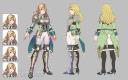 1girl anbe_yoshirou armor arms_at_sides artist_name black_boots black_shirt blonde_hair blue_eyes boots breastplate clenched_hand closed_mouth commentary_request copyright_notice curtained_hair full_body green_jacket grey_background high_heel_boots high_heels highres jacket leg_armor long_hair long_sleeves multiple_expressions official_art open_clothes open_jacket open_mouth pants raiza romancing_saga_2 saga shirt shoulder_armor smile standing thigh_boots white_pants