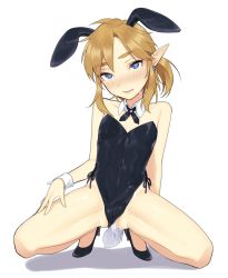 Rule 34 | 1boy, animal ears, ass, bare legs, bare shoulders, black leotard, blue eyes, blush, bulge, bunny day, covered navel, cum, cum in ass, detached collar, drawstring, earrings, elf, erection, erection under clothes, fake animal ears, full body, head tilt, heart, heart-shaped pupils, high heels, jewelry, leotard, light brown hair, link, looking at viewer, male focus, male playboy bunny, medium hair, meimone, nintendo, nose blush, parted lips, playboy bunny, pointy ears, ponytail, rabbit ears, rabbit tail, sidelocks, smile, solo, spread legs, squatting, strapless, strapless leotard, sweat, symbol-shaped pupils, tail, the legend of zelda, trap, wavy mouth, white background, wrist cuffs, yaoi