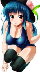 Rule 34 | 1girl, blue hair, blush, breasts, cleavage, food, fruit, hat, highres, hinanawi tenshi, honda kouji, honda takaharu, large breasts, long hair, one-piece swimsuit, peach, red eyes, school swimsuit, simple background, solo, swimsuit, thighhighs, touhou, white background