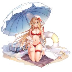 Rule 34 | 1girl, barefoot, beach, beach towel, beach umbrella, bikini, bison cangshu, blonde hair, breasts, choker, cleavage, collarbone, drill hair, flower, flower request, fn-49 (daydream under the parasol) (girls&#039; frontline), fn-49 (girls&#039; frontline), full body, girls&#039; frontline, green eyes, hand on own thigh, hat, hat flower, innertube, kneeling, large breasts, long hair, looking at viewer, navel, official alternate costume, official art, open mouth, red bikini, red choker, red flower, sand, seashell, shell, smile, solo, starfish, straight-on, sun hat, swim ring, swimsuit, thigh strap, towel, transparent background, twin drills, umbrella, very long hair, weapon case, white hat
