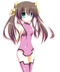 Rule 34 | 10s, 1girl, brown hair, female focus, flat chest, green eyes, hair ribbon, highres, huang lingyin, infinite stratos, long hair, ribbon, solo, twintails, white background
