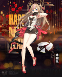 Rule 34 | 1girl, anklet, arm at side, asymmetrical gloves, bare legs, black dress, black gloves, blue eyes, blush, breasts, brown hair, cleavage cutout, clothing cutout, covered navel, double bun, dress, earrings, elbow gloves, full body, girls&#039; frontline, gloves, gun, h&amp;k mark 23, hair bun, hand to own mouth, handgun, heart, heart earrings, heckler &amp; koch, jewelry, knees together feet apart, layered dress, looking at viewer, match grade, match grade firearm, match grade pistol, medium breasts, mk23 (girls&#039; frontline), mk23 (honey flower) (girls&#039; frontline), multicolored hair, offensive handgun, official alternate costume, official art, pigeon-toed, sheska xue, short dress, single elbow glove, solo, standing, streaked hair, torn clothes, uneven gloves, weapon, white dress