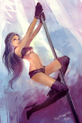 Rule 34 | 1girl, boots, breasts, english text, gloves, happy birthday, high heel boots, high heels, highres, kazeco, light smile, navel, original, pole, pole dancing, purple eyes, purple footwear, purple hair, shoes, short shorts, shorts, signature, solo, stripper, stripper pole, thigh boots, thighhighs, underboob