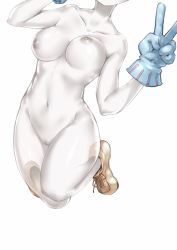 Rule 34 | 1girl, blue gloves, boku no hero academia, breasts, collarbone, commentary request, female focus, gloves, hagakure tooru, highres, invisible, medium breasts, navel, nipples, nude, pussy, shoes, solo, unusually visible, v, wei yu, white background