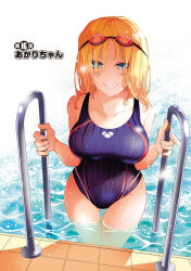 Rule 34 | 1girl, asakura ryousuke, blonde hair, blue eyes, blush, breasts, clenched teeth, competition swimsuit, female focus, goggles, goggles on head, groin, highres, large breasts, legs, light blush, long hair, looking at viewer, one-piece swimsuit, original, outdoors, partially submerged, pool, shikizaki shimai wa abakaretai, shiny clothes, simple background, smile, solo, standing, swimsuit, teeth, thighs, water, wet