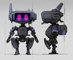 Rule 34 | character sheet, from side, grey background, highres, humanoid robot, jnt, looking at viewer, multiple views, original, purple eyes, robot, standing, straight-on