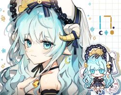 Rule 34 | 1girl, :3, animal ears, blue dress, blue hair, bonnet, chibi, chibi inset, chin strap, closed mouth, crescent, crescent earrings, dress, earrings, frilled headwear, hand up, highres, horns, jewelry, long hair, nong 345, original, portrait, sheep ears, sheep horns, sidelocks, simple background, smile, solo, very long hair, white background, white headwear