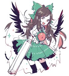 Rule 34 | 1girl, :d, arm cannon, bird wings, black thighhighs, black wings, bow, brown hair, cape, commentary, cowboy shot, cropped legs, eyebrows hidden by hair, fang, feathered wings, feathers, floating hair, green bow, green skirt, hair bow, leaning forward, long hair, looking at viewer, mozukuzu (manukedori), open mouth, red eyes, reiuji utsuho, shirt, short sleeves, simple background, skirt, smile, solo, sparkle, standing, thighhighs, third eye, touhou, weapon, white background, white cape, white shirt, wings