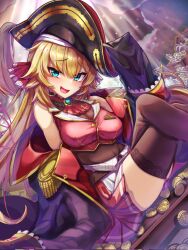 Rule 34 | 1girl, akai haato, ascot, bicorne, black headwear, black jacket, black leotard, black thighhighs, blonde hair, blue eyes, blush, breasts, brooch, cleavage, coin, cosplay, covered navel, cropped jacket, garanshoebill, gold coin, hair ribbon, hat, highres, hololive, houshou marine, houshou marine (1st costume), houshou marine (cosplay), jacket, jewelry, large breasts, leotard, leotard under clothes, long hair, looking at viewer, multicolored clothes, multicolored jacket, navel, off shoulder, open mouth, pirate hat, red ascot, red jacket, red ribbon, red skirt, ribbon, see-through, see-through cleavage, skirt, sleeveless, sleeveless jacket, thighhighs, treasure, treasure chest, twintails, two-tone jacket, virtual youtuber