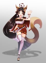 Rule 34 | 1girl, :d, absurdly long hair, animal ear fluff, animal ears, arm at side, bare shoulders, bell, black hair, blush, bracelet, breasts, commentary request, facial mark, flower, fox ears, fox tail, full body, gradient background, grey background, hair bell, hair flower, hair ornament, hair tubes, hand up, highres, jewelry, jingle bell, kagiyama (clave), long hair, looking at viewer, medium breasts, obi, open mouth, original, parted bangs, pink flower, platform footwear, red skirt, round teeth, sandals, sash, skirt, smile, solo, standing, standing on one leg, tail, tassel, teeth, thick eyebrows, thighhighs, very long hair, waving, whisker markings, white thighhighs, yellow eyes, zettai ryouiki