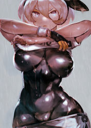 Rule 34 | 1girl, abs, absurdres, bea (pokemon), bodysuit, breasts, cameltoe, clothes lift, clothes pull, covered erect nipples, covered navel, creatures (company), dark-skinned female, dark skin, female focus, game freak, gym leader, hairband, highres, large breasts, lifting own clothes, looking at viewer, moromoro (moro918), muscular, muscular female, nintendo, pokemon, pokemon swsh, rain, shirt lift, short hair, shorts, shorts pull, skin tight, solo, sportswear, toned, undressing, wet