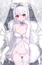 Rule 34 | 1girl, absurdres, albino, animal ear fluff, animal ears, armchair, babydoll, bare shoulders, blush, bow, bow panties, chair, closed mouth, collarbone, commentary request, curtains, elbow gloves, fox ears, fox girl, fox tail, frilled pillow, frills, gloves, hair between eyes, hand up, highres, long hair, masaki (msk064), navel, on chair, original, panties, petite, pillow, red eyes, smile, solo, tail, thigh gap, thighhighs, tiara, transparent, underwear, underwear only, very long hair, white gloves, white hair, white panties, white thighhighs