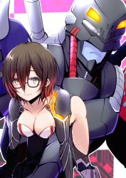 Rule 34 | 1boy, 1girl, breasts, digimon, digimon (creature), glasses, hiandromon, highres, looking at viewer, medium breasts, serious, smile
