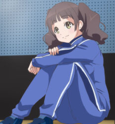 Rule 34 | 1girl, breasts, brown hair, closed mouth, feet out of frame, haruyama kazunori, long hair, medium breasts, morishima otome, pants, sitting, smile, solo, track suit, twintails, wake up girls!, yellow eyes