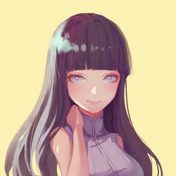 Rule 34 | 1girl, bare shoulders, black hair, blush, breasts, chinese commentary, closed mouth, commentary request, dress, facing viewer, hand on neck, hyuuga hinata, large breasts, long hair, looking at viewer, naruto, naruto: the last, naruto (series), nho (316784766), ninja, no lineart, purple dress, shirt, simple background, sleeveless, sleeveless dress, smile, solo, upper body, white eyes, yellow background