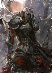 Rule 34 | 1boy, armor, arrow (projectile), bleeding, blood, blood on arm, breastplate, dark skin, grey hair, hair over one eye, highres, holding, holding sword, holding weapon, impaled, konghai shanren, long hair, male focus, original, outdoors, painterly, parted lips, pauldrons, red eyes, shoulder armor, signature, sketch, solo, sword, vambraces, weapon