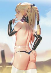 Rule 34 | 1girl, ass, back, bare shoulders, black panties, blonde hair, blush, braid, breasts, day, elbow gloves, gloves, half updo, hand on own ass, karasu-san (syh3iua83), original, outdoors, panties, pointy ears, ponytail, red eyes, revealing clothes, smile, solo, thighhighs, tongue, tongue out, underwear, white thighhighs
