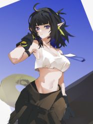 Rule 34 | 1girl, ahoge, arknights, arm strap, bare arms, bare shoulders, black gloves, black hair, blue hair, breasts, brown pants, camisole, commentary request, cowboy shot, crop top, crop top overhang, eunectes (arknights), eunectes (forgemaster) (arknights), gloves, hand up, large breasts, looking at viewer, midriff, multicolored hair, navel, official alternate costume, pants, pashanghuohewanglaoji, pointy ears, purple eyes, short hair, snake tail, solo, spaghetti strap, standing, stomach, tail