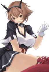 Rule 34 | 1girl, black skirt, breasts, brown hair, cleavage, gloves, green eyes, headgear, highres, kantai collection, large breasts, looking at viewer, mutsu (kancolle), mutsu kai ni (kancolle), pleated skirt, short hair, simple background, skirt, solo, timato, white background, white gloves