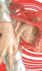 Rule 34 | 1girl, @ @, absurdres, blurry, braid, braided ponytail, chainsaw man, depth of field, highres, looking at viewer, makima (chainsaw man), parted lips, red hair, ringed eyes, sidelocks, sideways, solo, uu0000322, yellow eyes
