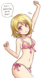Rule 34 | 1girl, arm up, bikini, blush, breasts, brown hair, commentary, english commentary, english text, food, food on face, highres, koizumi hanayo, looking at viewer, love live!, navel, open mouth, purdoy25, purple eyes, short hair, side-tie bikini bottom, small breasts, solo, swimsuit