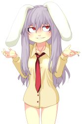 Rule 34 | 1girl, animal ears, bare legs, bottomless, cigarette, collarbone, dress shirt, female focus, grin, highres, hospital king, jitome, kimonge, light purple hair, long hair, looking away, necktie, no pants, purple hair, rabbit ears, red eyes, red necktie, reisen udongein inaba, shirt, shrugging, simple background, smile, solo, sweater, teeth, touhou, white background