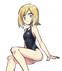 Rule 34 | 1girl, alternate costume, arm support, artist request, bare arms, bare legs, black one-piece swimsuit, blonde hair, blue eyes, closed mouth, competition swimsuit, creatures (company), eyelashes, from below, game freak, highres, invisible chair, irida (pokemon), knees, looking at viewer, looking down, medium hair, nintendo, one-piece swimsuit, pokemon, pokemon legends: arceus, simple background, sitting, solo, swimsuit, white background