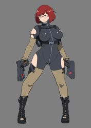 Rule 34 | 1girl, black bodysuit, black footwear, bob cut, bodysuit, boots, breasts, brown gloves, brown thighhighs, closed mouth, combat boots, dual wielding, elbow gloves, energy gun, frown, full body, glasses, gloves, grey background, gun, harness, high collar, highres, holding, holding gun, holding weapon, large breasts, looking to the side, onsen tamago (hs egg), original, pouch, red eyes, red hair, short hair, simple background, solo, standing, thighhighs, weapon