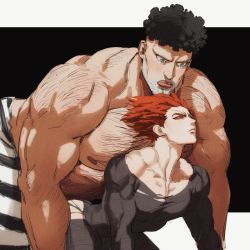 Rule 34 | 2boys, absurdres, all fours, black hair, blue eyes, bodysuit, chest hair, closed mouth, collarbone, colored sclera, dudlesnoodles, facial hair, garou (one-punch man), highres, looking at another, male focus, multiple boys, one-punch man, orange hair, orange sclera, pants, pointy hair, prison clothes, puri puri prisoner, size difference, striped clothes, striped pants, stubble, topless male, torn clothes, yaoi, yellow eyes