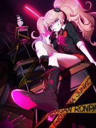 Rule 34 | 1girl, black footwear, black shirt, blood, boots, bow, character name, commentary request, copyright name, danganronpa: trigger happy havoc, danganronpa (series), desk, enoshima junko, gaogao (gaogaomegu), grin, high heel boots, high heels, highres, knee boots, long hair, long sleeves, looking at viewer, miniskirt, monokuma, necktie, pink blood, pink necktie, pleated skirt, red bow, red skirt, school desk, shirt, sitting, skirt, smile, standing, teeth, twintails