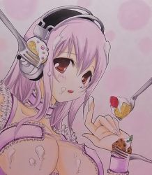 Rule 34 | 1girl, aka dama, akadama (momoiro5555), bad id, bad pixiv id, blush, breasts, cleavage, food, fork, headphones, large breasts, long hair, looking at viewer, nitroplus, open mouth, pink hair, red eyes, sexually suggestive, solo, super sonico, traditional media, whipped cream