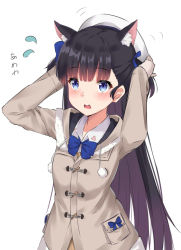 Rule 34 | 1girl, animal ear fluff, animal ears, arms up, azur lane, beret, blue bow, blue bowtie, blue eyes, blush, bow, bowtie, breasts, brown coat, brown hair, cat ears, coat, collared shirt, commentary request, drawstring, flying sweatdrops, hair bow, hat, hatsuharu (azur lane), hatsuharu (snow day hatsuharu) (azur lane), highres, kohakope, long hair, open mouth, pom pom (clothes), shirt, simple background, small breasts, solo, translation request, two side up, very long hair, white background, white hat, white shirt